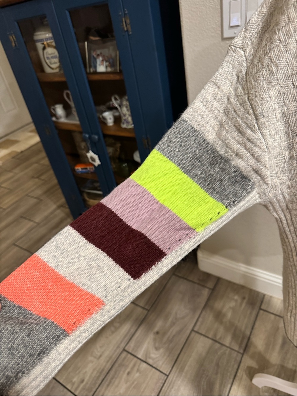 CAbi Light Gray Quarter Zip Sweater with Neon and Berry Sleeve Blocks - Picture 6 of 7